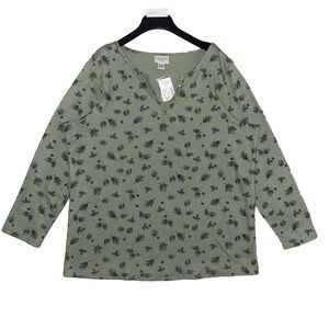 Essentials Women 18/20 Green Leaf Waffle Knit Henley Top Thermal Grandpa Core